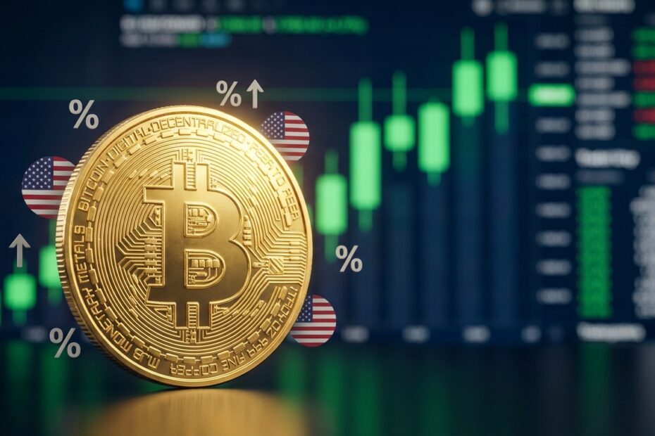 Moeda Bitcoin dourada em destaque com gráficos de alta e referência à economia dos EUA ao fundo.