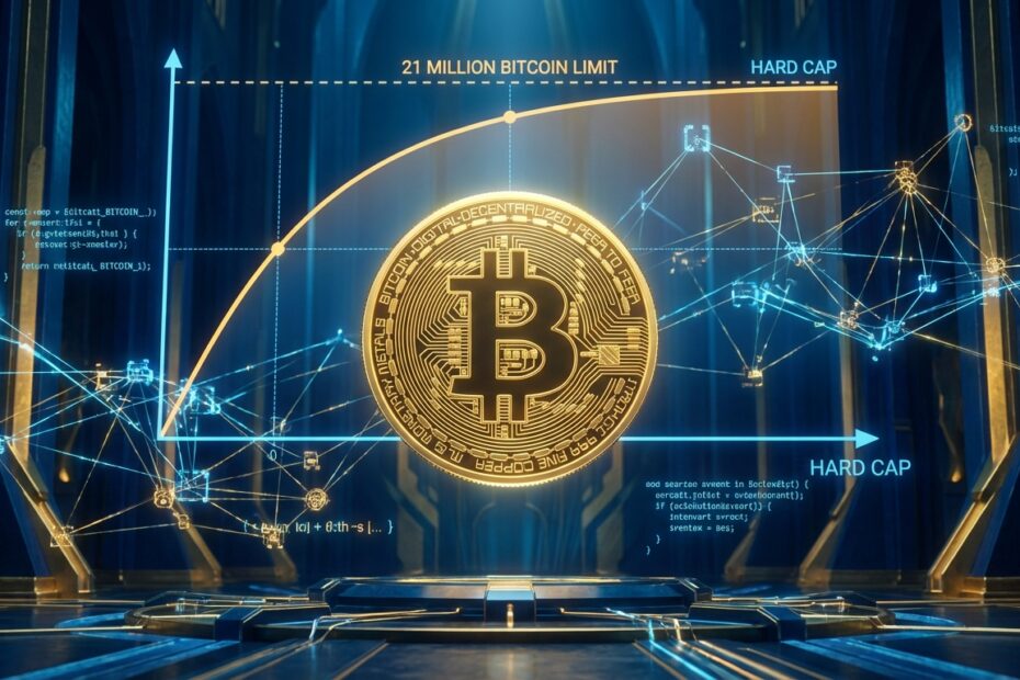 Ilustração 3D representando a escassez digital do Bitcoin e o limite de 21 milhões de unidades.