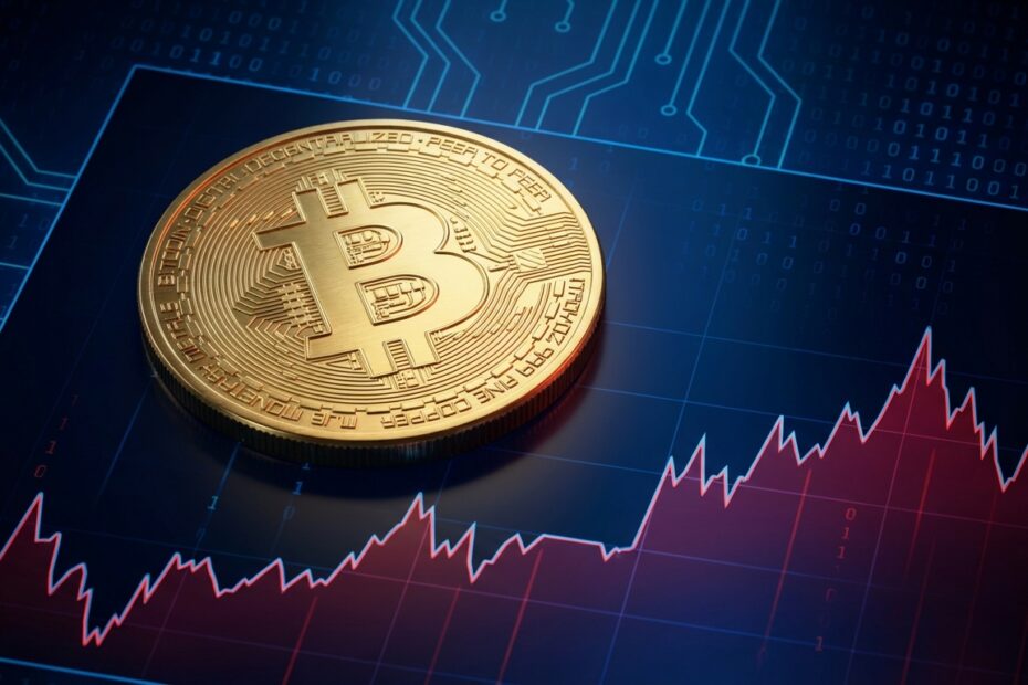 Gráfico financeiro digital com moeda Bitcoin física em destaque durante oscilação de mercado em 2026.