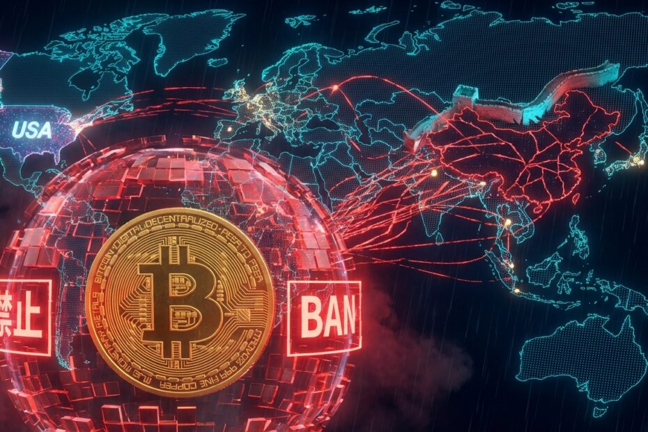 Gráfico conceitual ilustrando a proibição do Bitcoin na China e a migração de mineradores