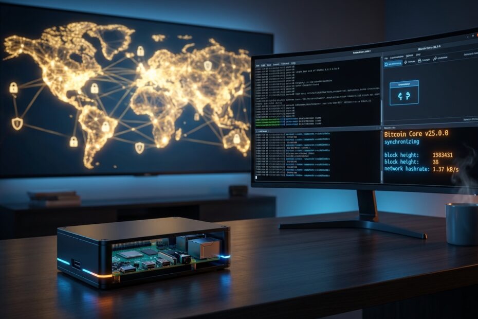 Setup de hardware rodando um node de Bitcoin com visualização da rede blockchain descentralizada