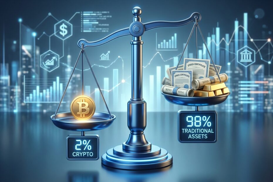 Balança digital ilustrando a alocação ideal de 1% a 2% de Bitcoin recomendada pela BlackRock