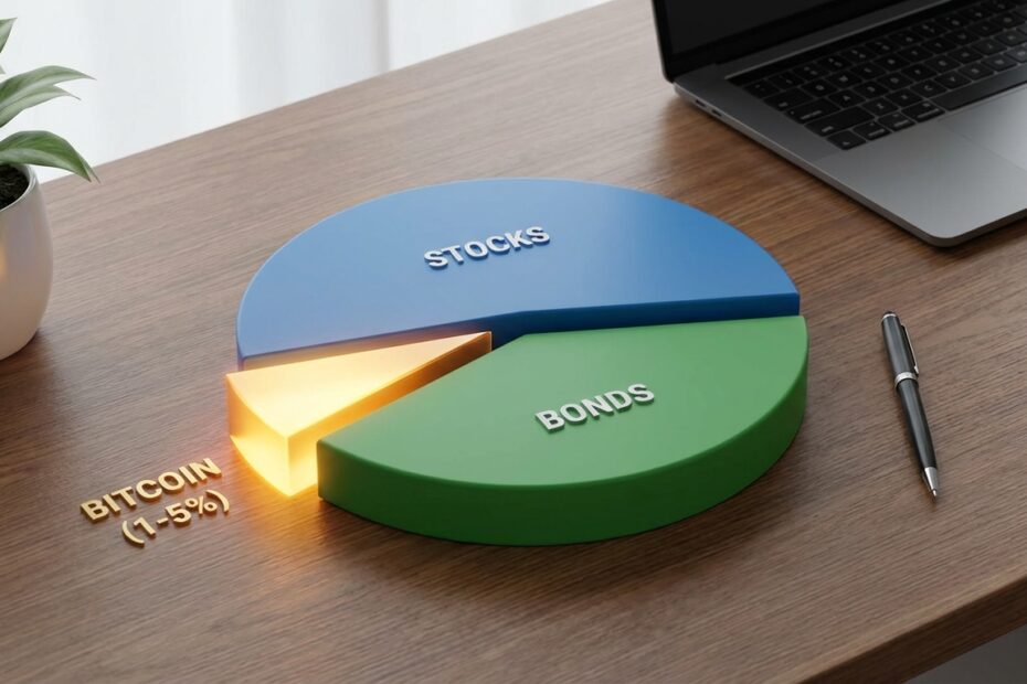 Gráfico de pizza ilustrando a porcentagem ideal de Bitcoin em uma carteira de investimentos segura.