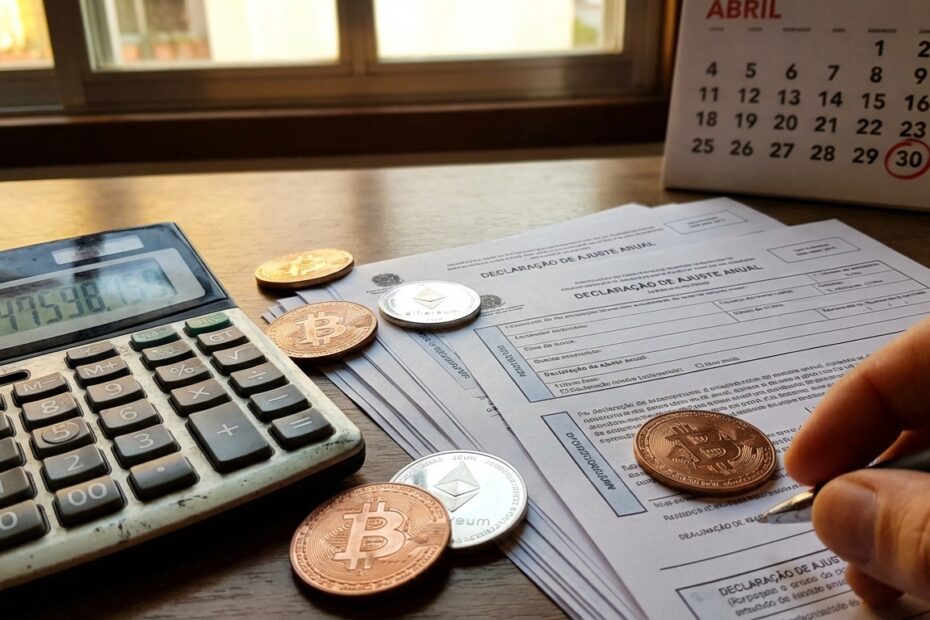 Calculadora e moedas digitais sobre documentos fiscais representando o prazo da Receita Federal