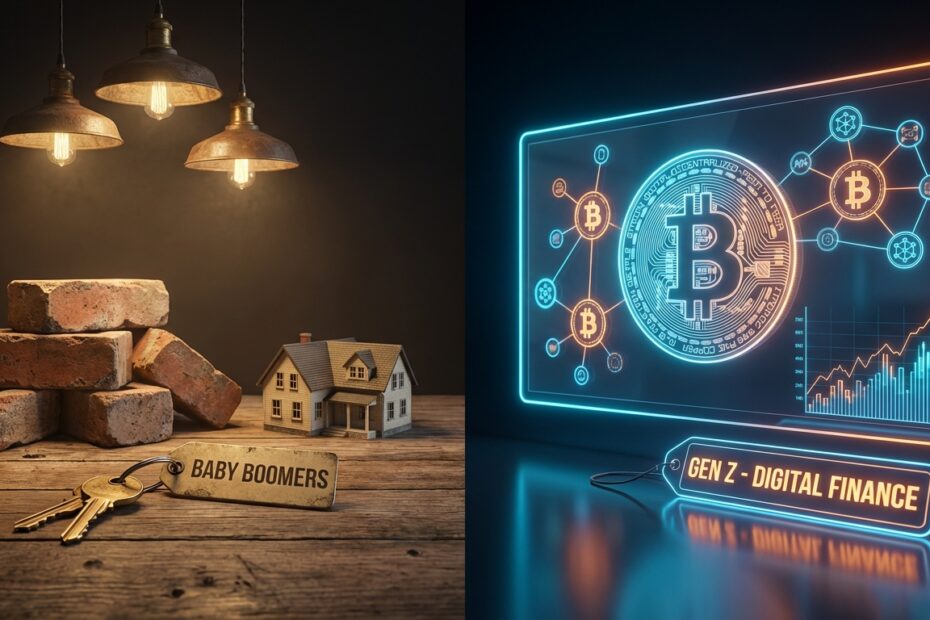 Comparação visual entre investimento tradicional em imóveis e a inovação do Bitcoin