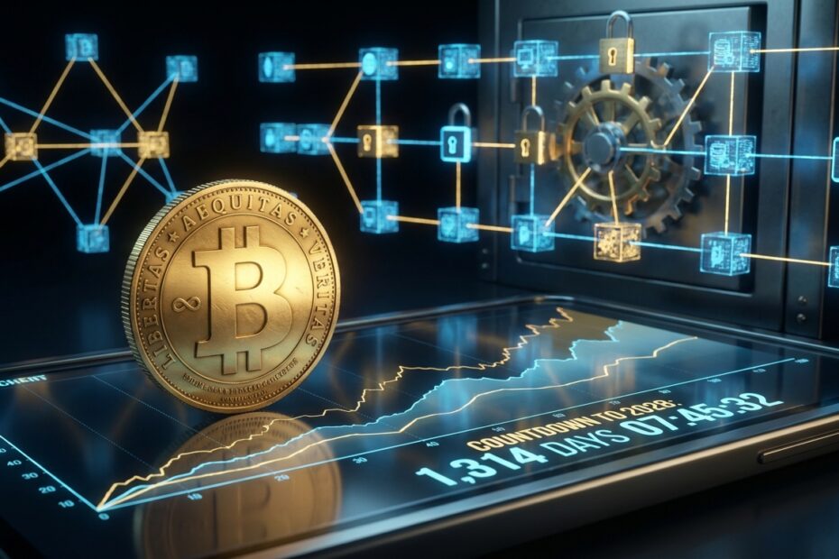 Ilustração futurista de um Bitcoin sobre gráficos financeiros projetando o halving de 2028