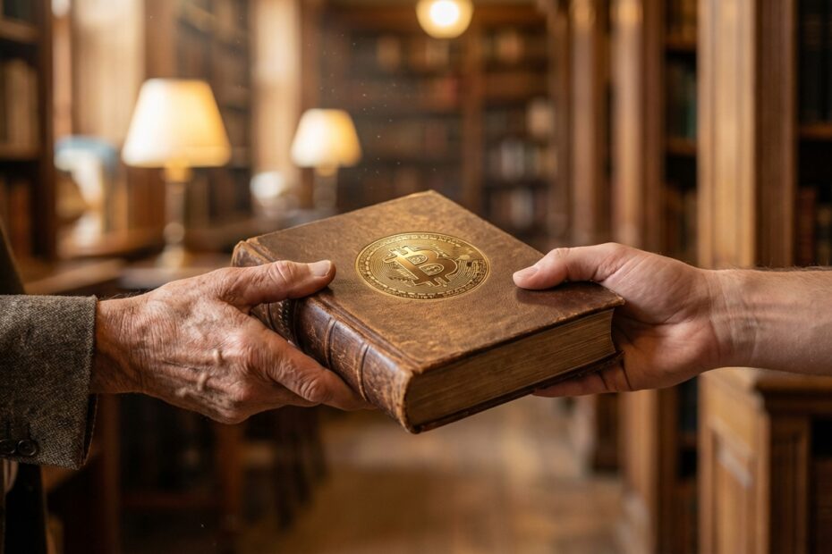 Mãos entregando um livro de capa dura com o símbolo do Bitcoin em um ambiente acolhedor de biblioteca.