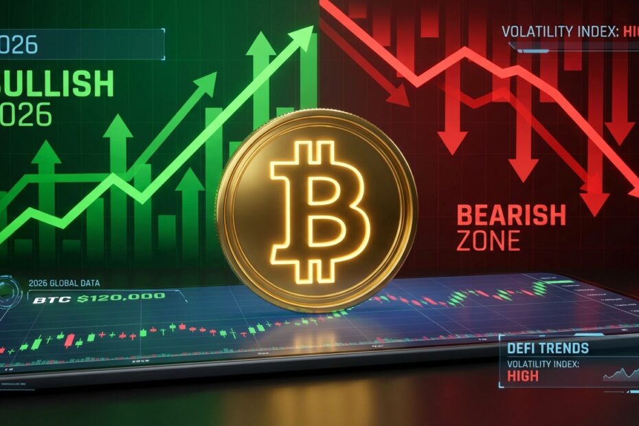 Gráfico financeiro digital com o símbolo do Bitcoin ilustrando a previsão de preço e volatilidade para 2026.