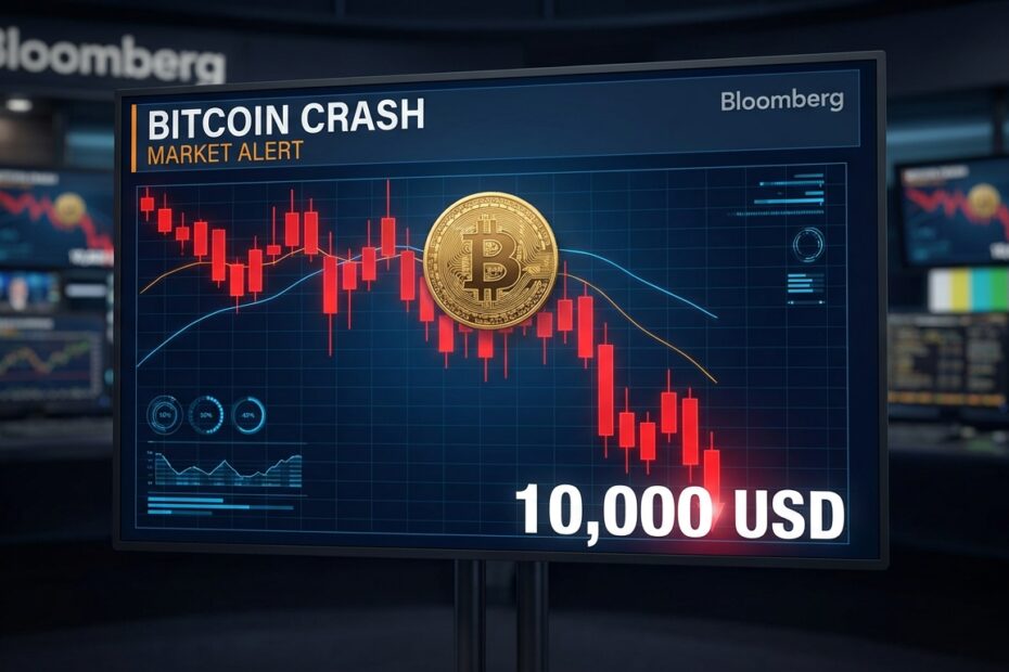 Gráfico financeiro indicando queda acentuada do Bitcoin em direção a 10 mil dólares