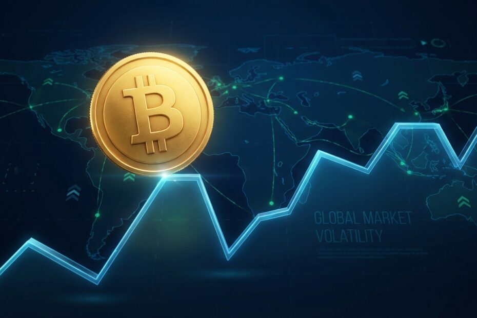 Gráfico financeiro holográfico mostrando a volatilidade do Bitcoin em 2026