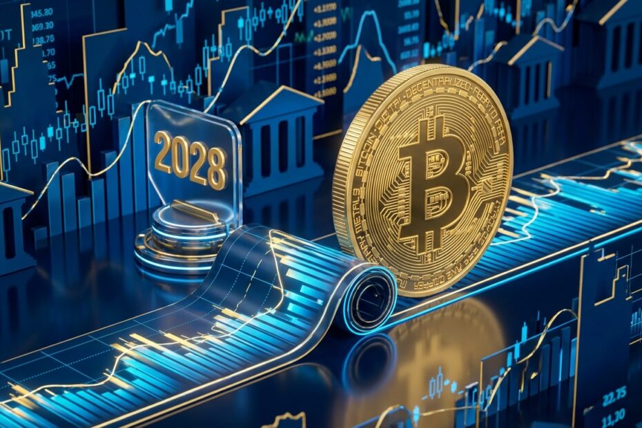 Gráfico de alta do Bitcoin projetando valores para 2028 com moedas douradas e cenário institucional.