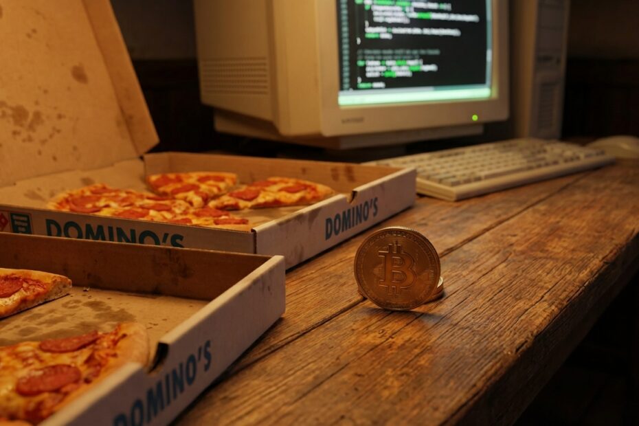 Duas pizzas de pepperoni em caixas abertas ao lado de uma moeda física de Bitcoin sobre mesa de madeira