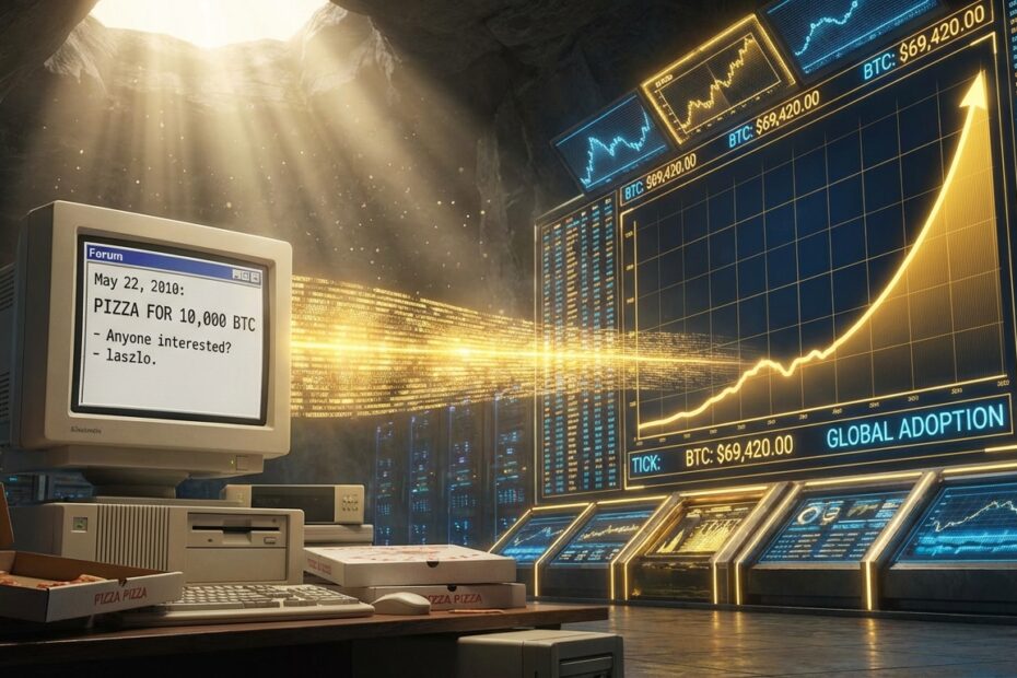 Ilustração dividida mostrando a primeira compra de pizza com bitcoin e a evolução para o mercado financeiro moderno