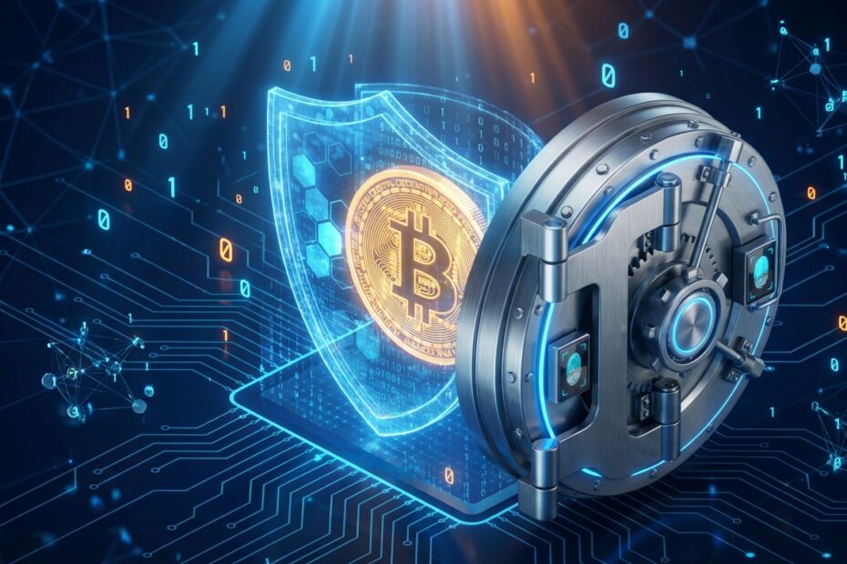 Ilustração 3D de um Bitcoin dourado protegido por um escudo digital e um cofre blindado