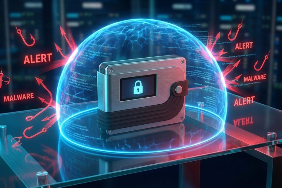 Carteira de hardware protegida por escudo digital contra ataques de phishing e malware