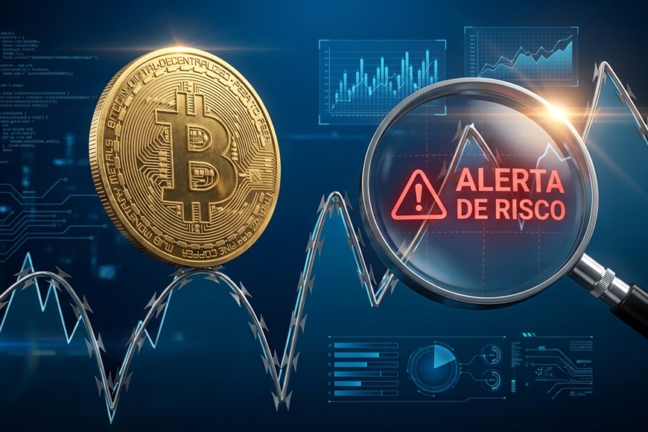 Gráfico financeiro volátil com moeda Bitcoin ilustrando riscos de fundos de índice