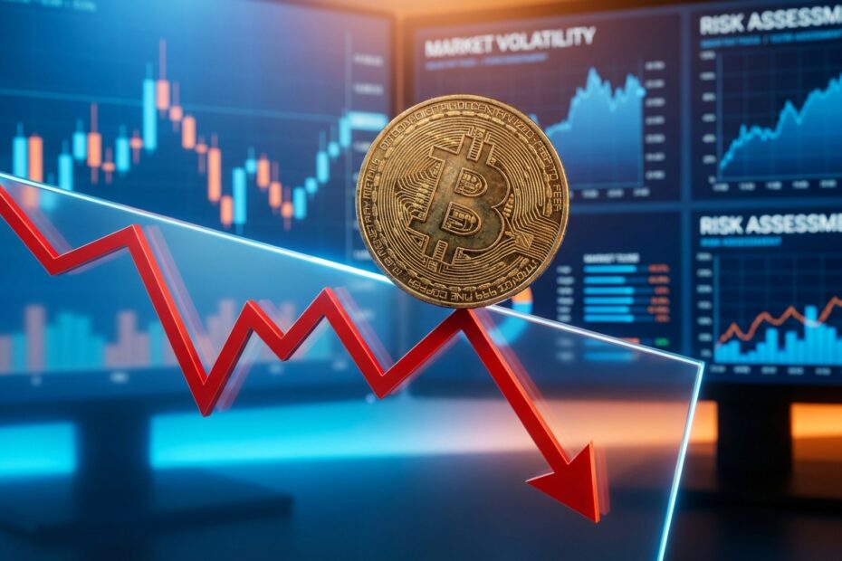 Gráfico financeiro em queda com moeda Bitcoin física em destaque representando riscos de investimento em 2026