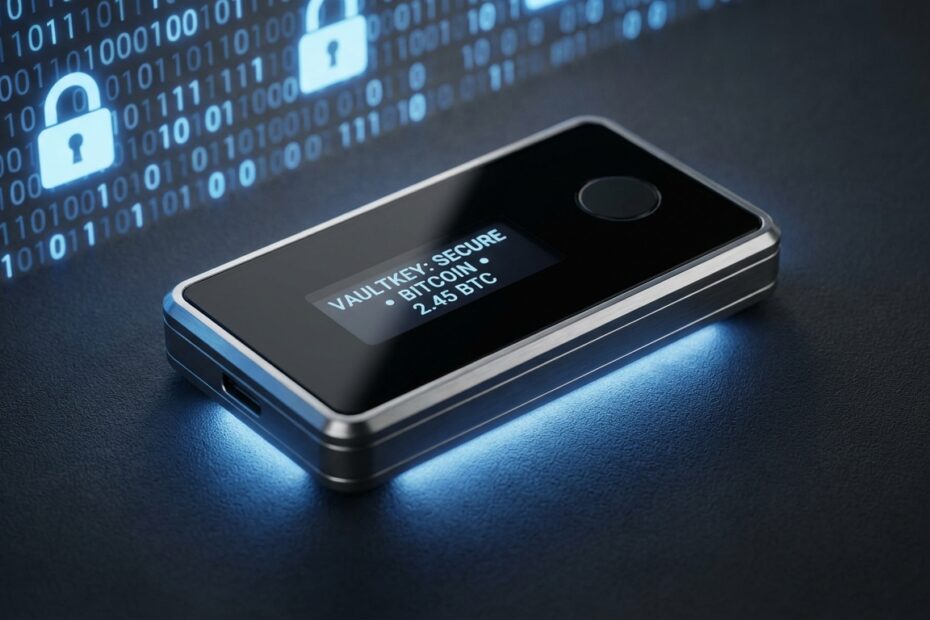 Hardware wallet segura sobre superfície escura simbolizando privacidade e anonimato ao armazenar Bitcoin