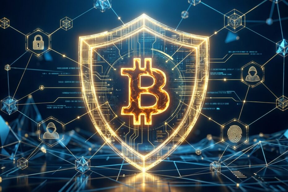 Ilustração de escudo digital protegendo Bitcoin e dados em uma rede blockchain segura