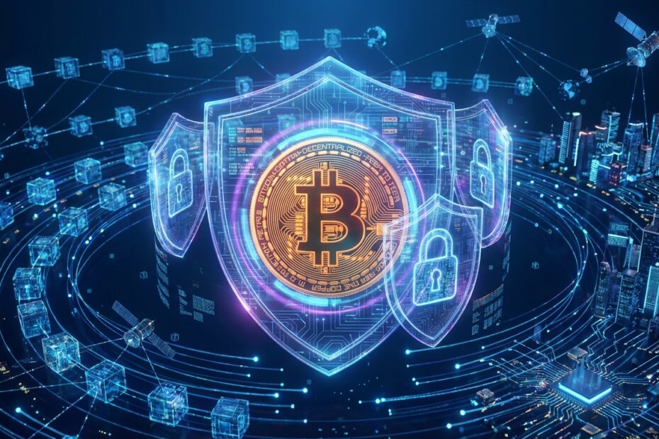 Ilustração 3D de um Bitcoin cercado por escudos digitais e cadeados criptográficos representando privacidade na blockchain