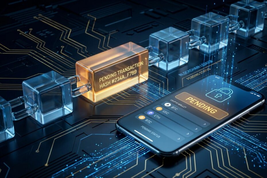 Ilustração de rede blockchain processando uma transação de Bitcoin pendente
