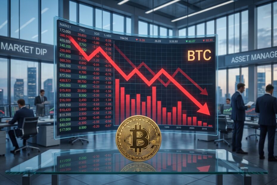 Gráfico de ações em queda com representação de Bitcoin e ambiente corporativo