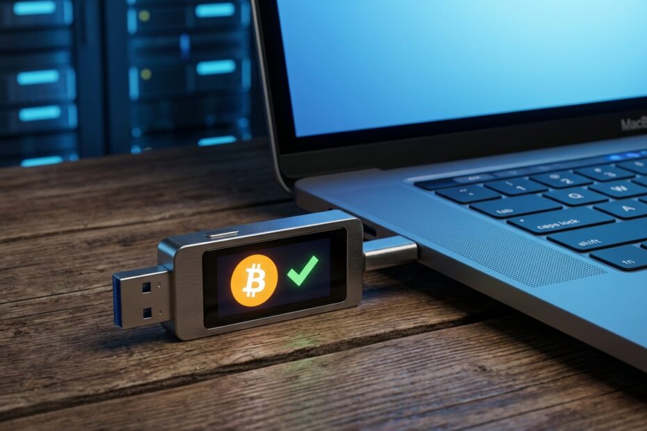 Hardware wallet conectada a um computador exibindo verificação de recebimento de Bitcoin