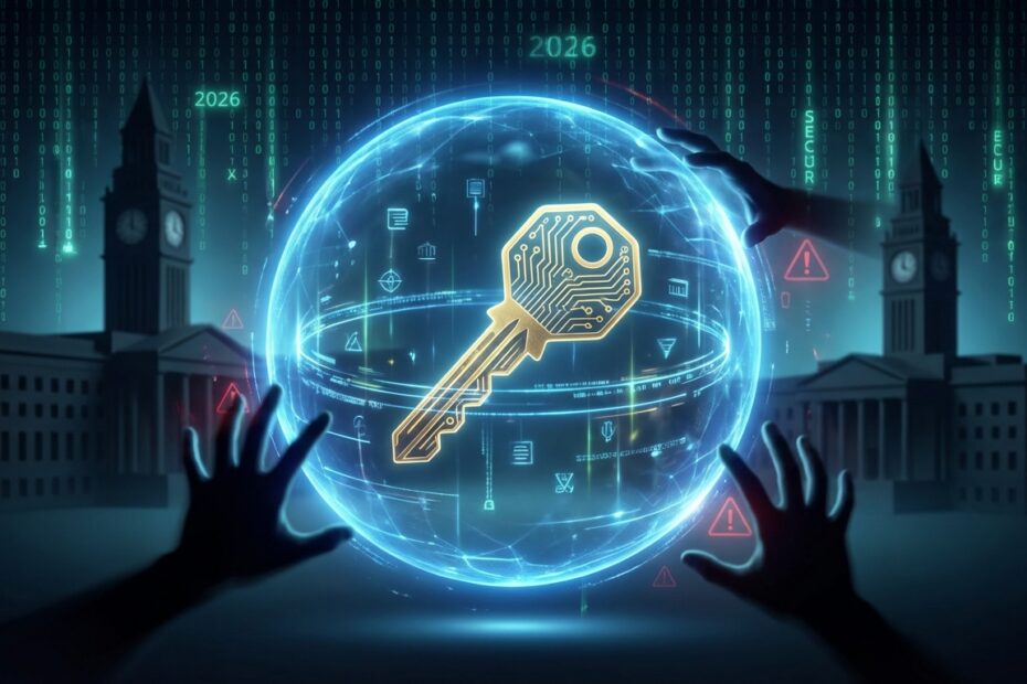 Ilustração de uma chave privada digital protegida por um escudo de energia contra confisco