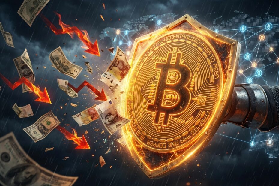 Bitcoin dourado servindo como escudo contra a inflação e desvalorização de moedas fiduciárias.