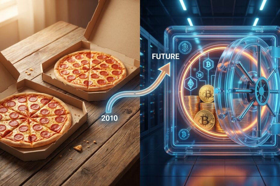 Ilustração comparativa entre duas pizzas e um cofre digital de Bitcoin representando a valorização histórica do ativo