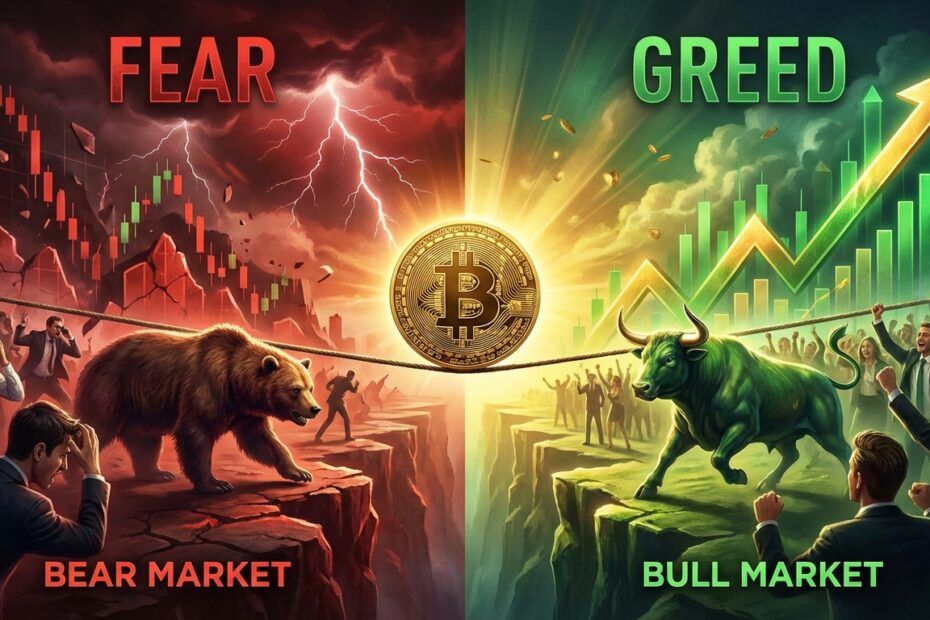 Ilustração dividida representando o medo (vermelho) e a ganância (verde) no mercado de Bitcoin