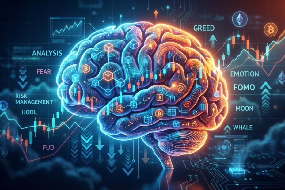 Ilustração estilizada de um cérebro formado por gráficos e dados representando a psicologia do mercado de criptomoedas