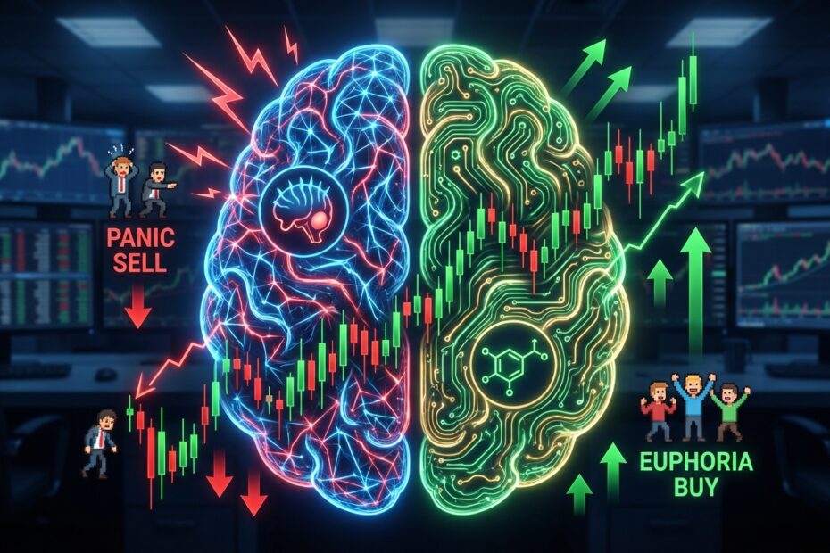 Ilustração de um cérebro humano representando a psicologia de mercado com cores indicando medo e ganância no Bitcoin