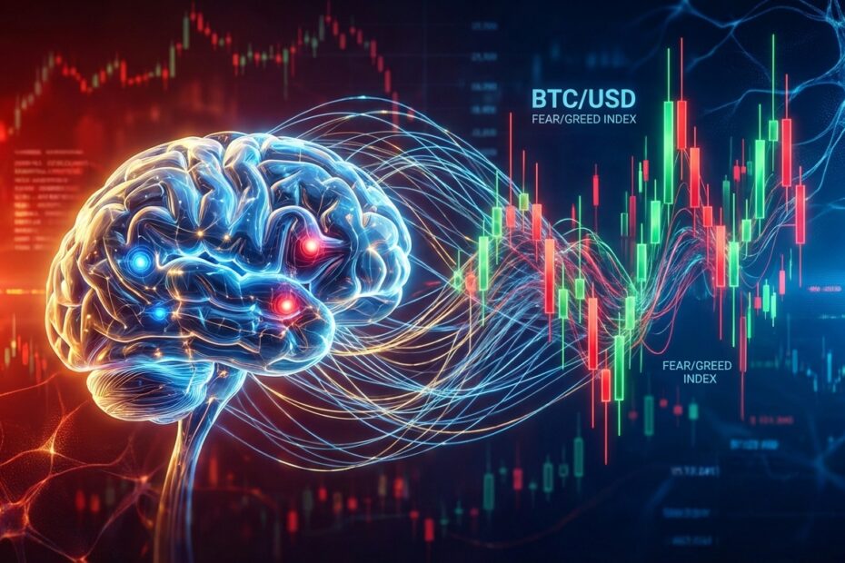 Ilustração 3D conectando a mente humana a gráficos de volatilidade do Bitcoin