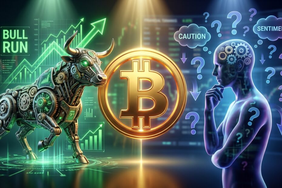 Ilustração 3D do Bitcoin equilibrada entre gráficos de mercado e silhueta humana representando a psicologia do investidor.