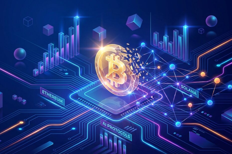 Ilustração futurista comparando o Bitcoin com novas criptomoedas emergentes e redes blockchain de alta tecnologia.