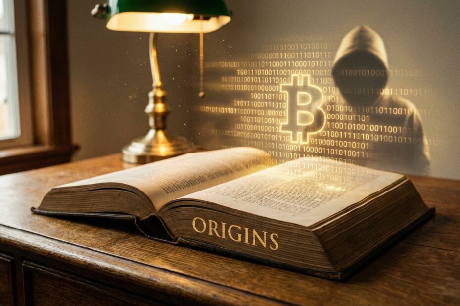 Livro aberto sobre mesa emanando códigos dourados e silhueta de Satoshi Nakamoto