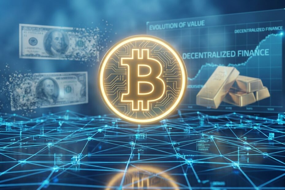 Ilustração digital de um Bitcoin brilhante sobre uma rede blockchain segura