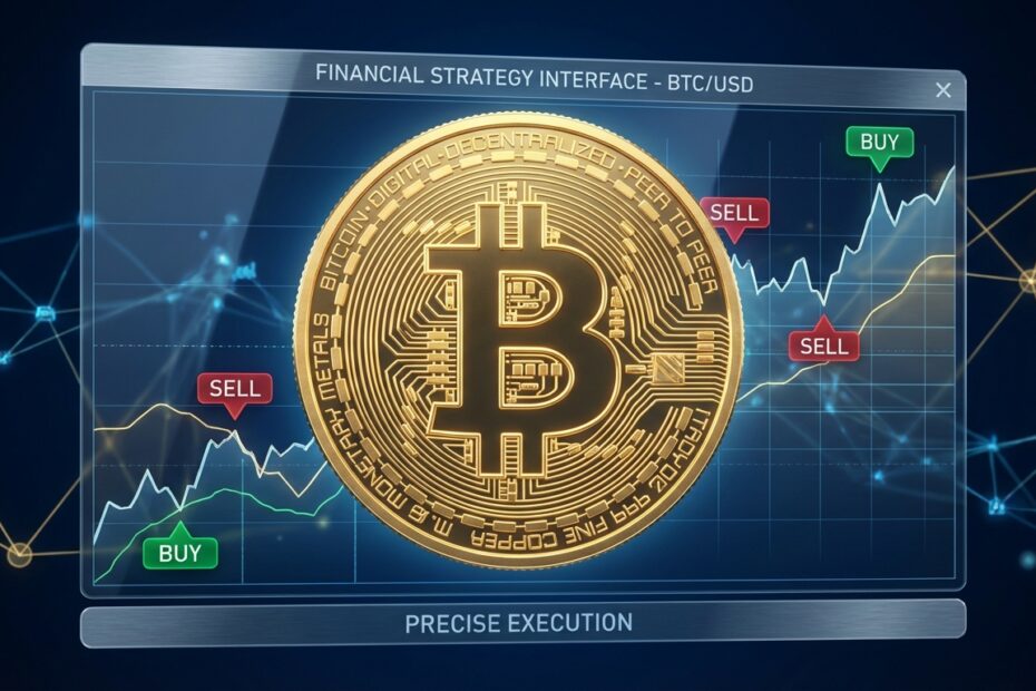 Gráfico digital estilizado mostrando pontos de compra e venda de Bitcoin com metas de lucro definidas