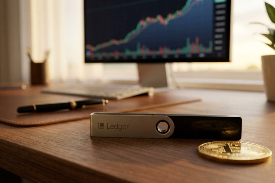 Carteira física de bitcoin (hardware wallet) sobre mesa representando segurança e autocustódia