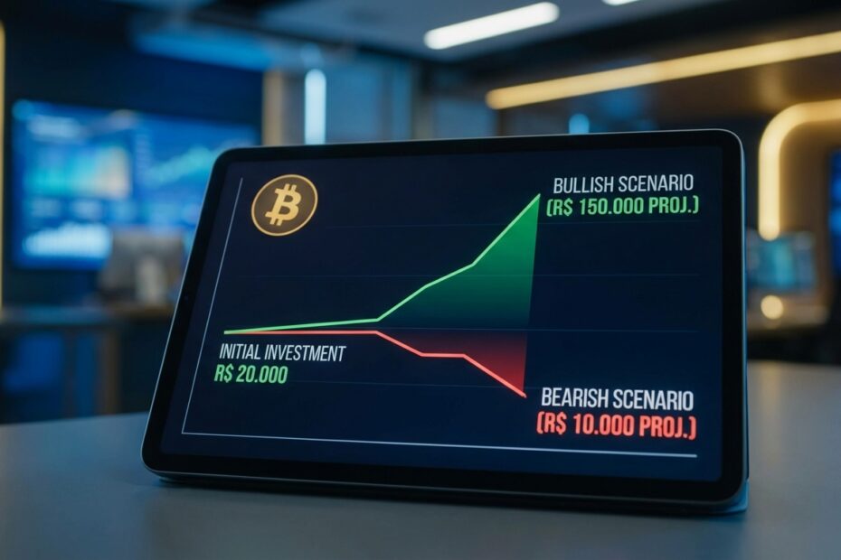 Gráfico em tablet digital mostrando simulação de rendimento de 20 mil reais em Bitcoin