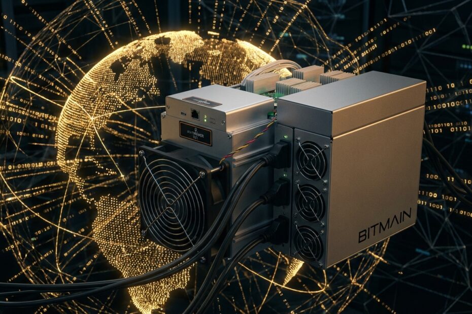 Equipamento de mineração ASIC conectado à rede blockchain do Bitcoin