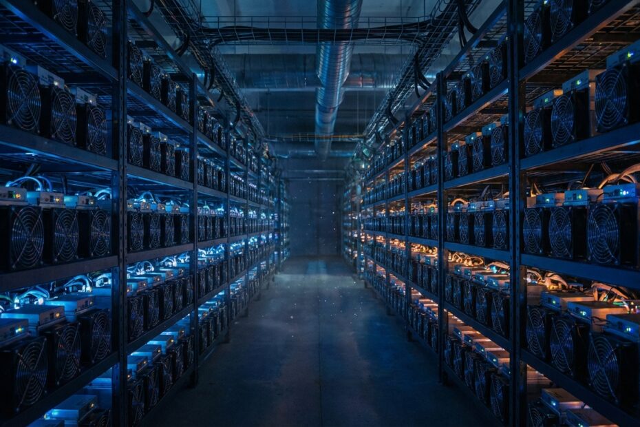 Corredor de data center com equipamentos ASIC para mineração de Bitcoin