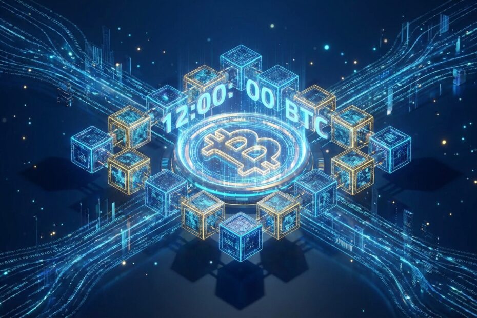 Ilustração 3D de blocos de blockchain formando um relógio digital com o logo do Bitcoin