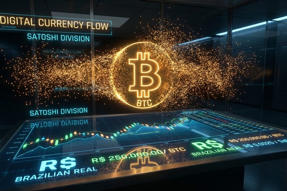 Ilustração 3D de um Bitcoin se dividindo em satoshis com símbolos de Real ao fundo