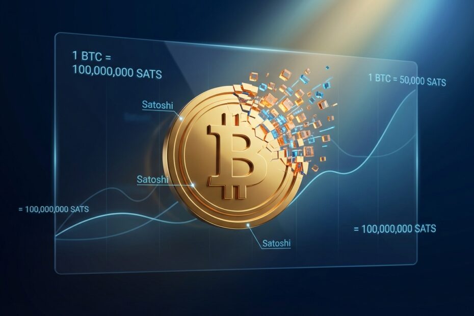 Ilustração 3D de um Bitcoin se dividindo em frações menores de satoshis com fundo financeiro