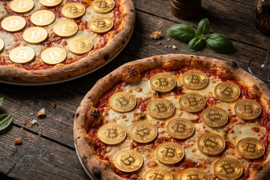 Duas pizzas sobre mesa de madeira com moedas de Bitcoin douradas no lugar do pepperoni representando a valorização bilionária