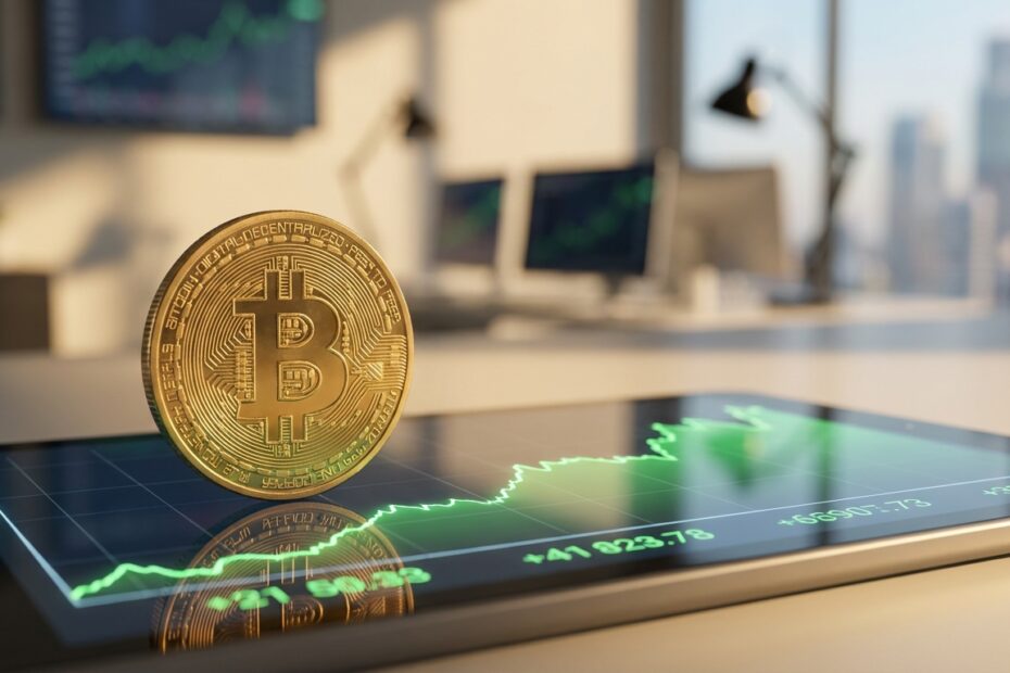 Moeda física de Bitcoin sobre gráfico de valorização financeira