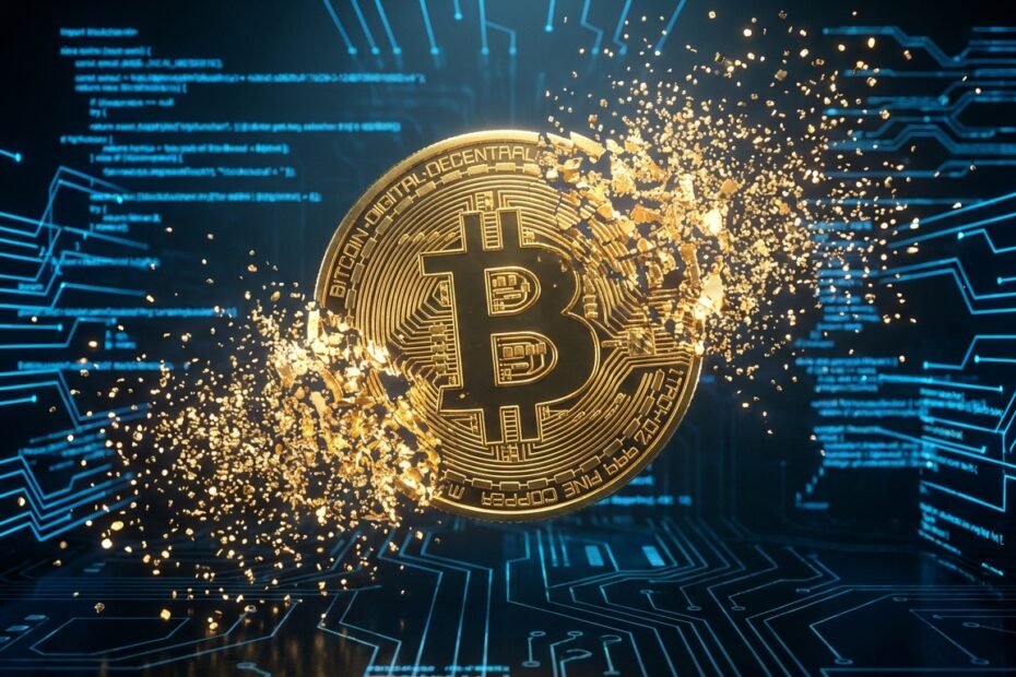 Ilustração digital 3D mostrando um Bitcoin se dividindo em milhões de partículas menores representando satoshis.