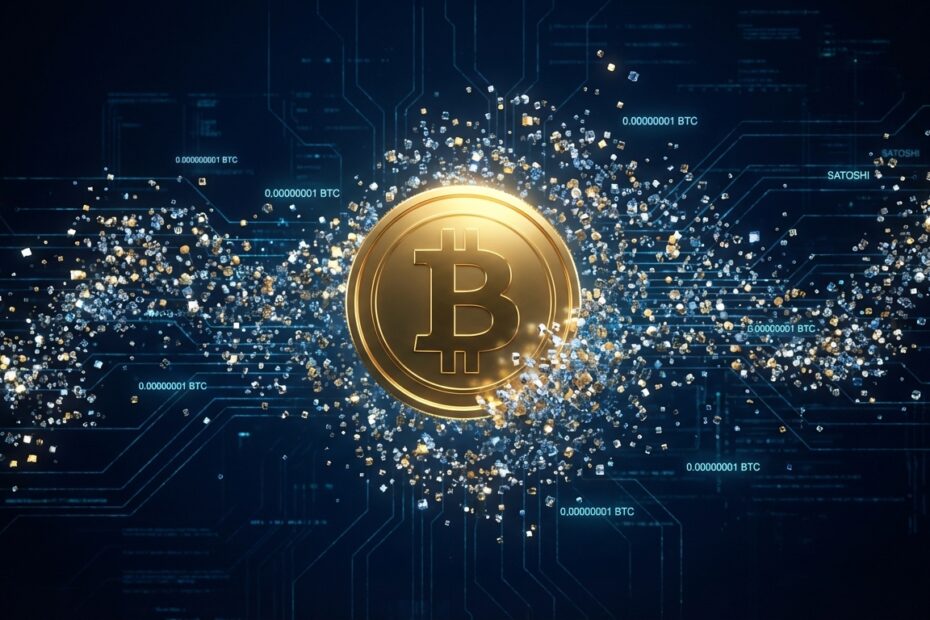 Ilustração digital 3D mostrando um Bitcoin se dividindo em milhões de pequenas partículas chamadas satoshis